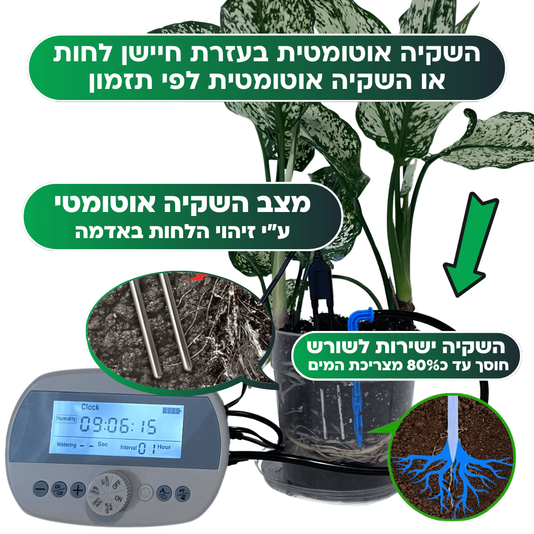 MP205S - בקר השקיה אוטומטי עם חיישן לחות מובנה + קיט השקיה - ירוק במרפסת